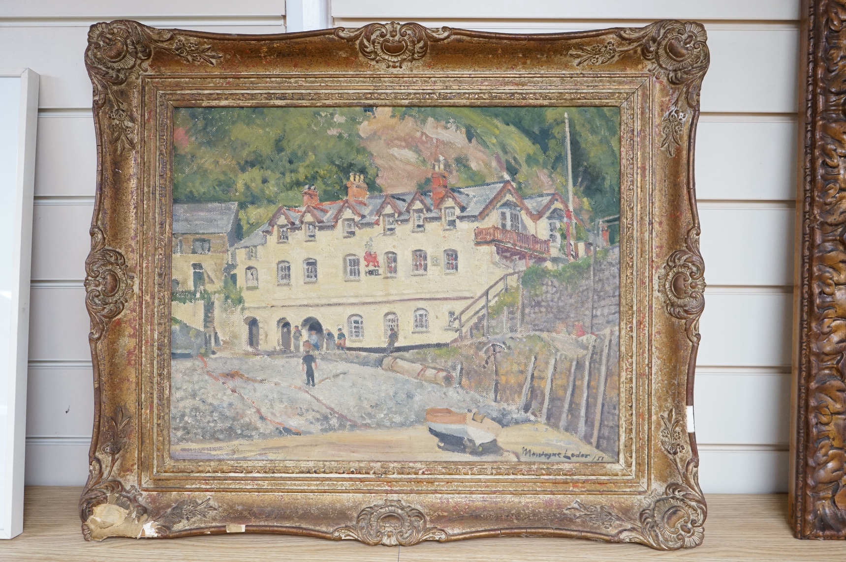 Margaret Loder (20th. C), oil on canvas, Coastal scene with beached fishing boat, signed and dated '51, 39 x 49cm, ornate gilt frame. Condition - fair to good, frame with losses